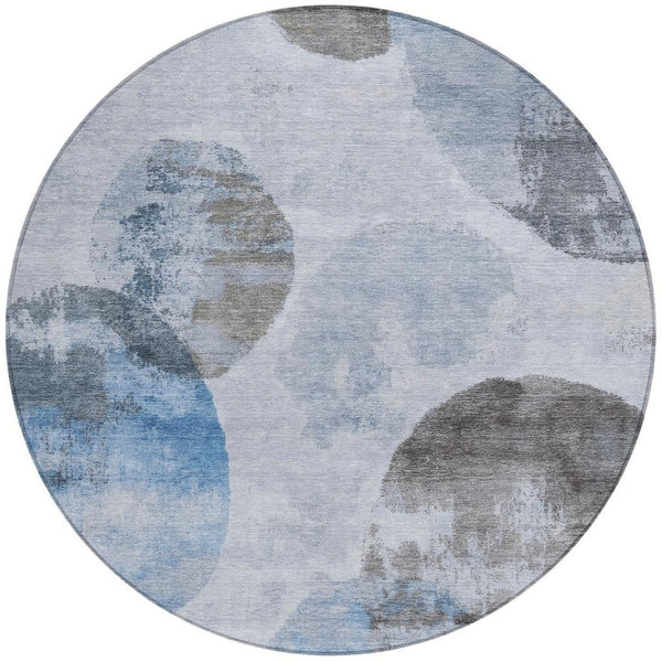 HomeRoots 8' Modern Abstract Round Area Rug in Denim Blue, Taupe & Ivory - Washable, Durable for Indoors & Outdoors 660789