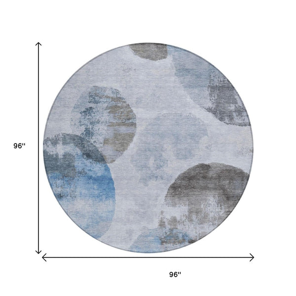 HomeRoots 8' Modern Abstract Round Area Rug in Denim Blue, Taupe & Ivory - Washable, Durable for Indoors & Outdoors 660789