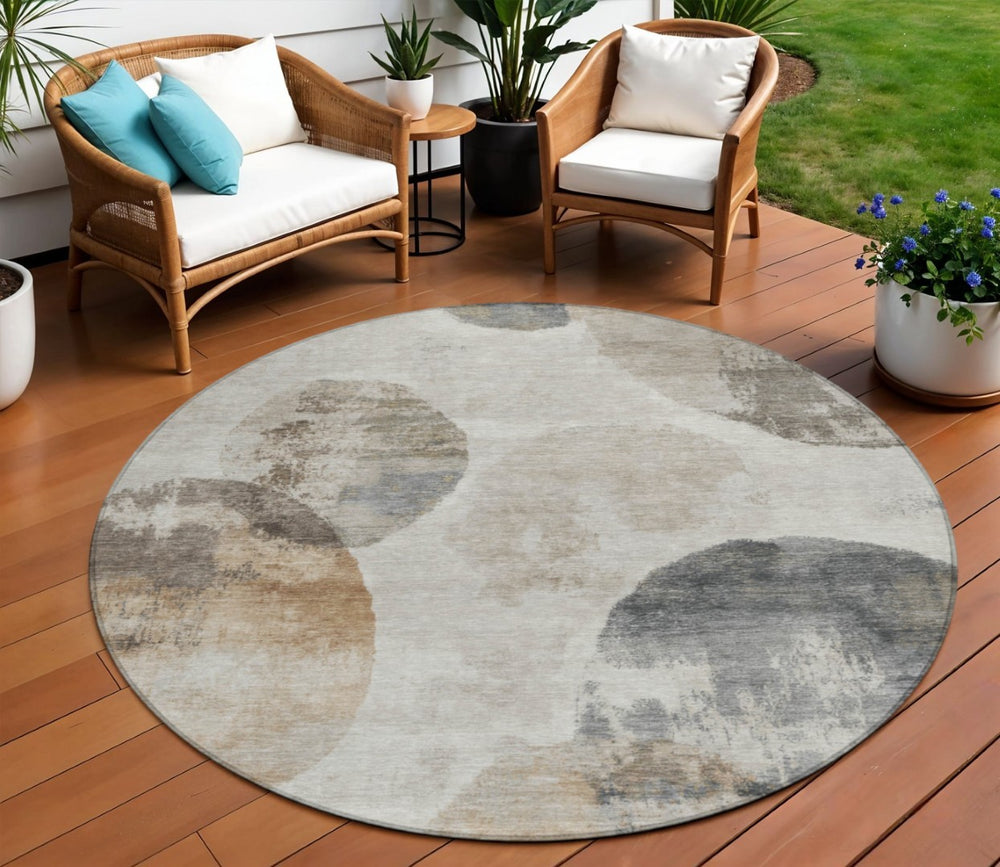 HomeRoots 8' Round Abstract Area Rug in Taupe, Ivory & Beige - Stylish, Washable, Indoor/Outdoor Durability! 660795