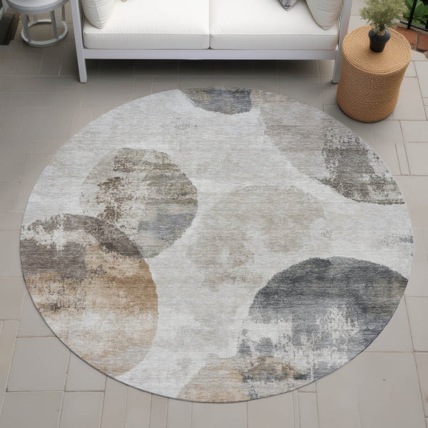 HomeRoots 8' Round Abstract Area Rug in Taupe, Ivory & Beige - Stylish, Washable, Indoor/Outdoor Durability! 660795