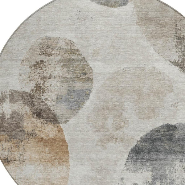 HomeRoots 8' Round Abstract Area Rug in Taupe, Ivory & Beige - Stylish, Washable, Indoor/Outdoor Durability! 660795