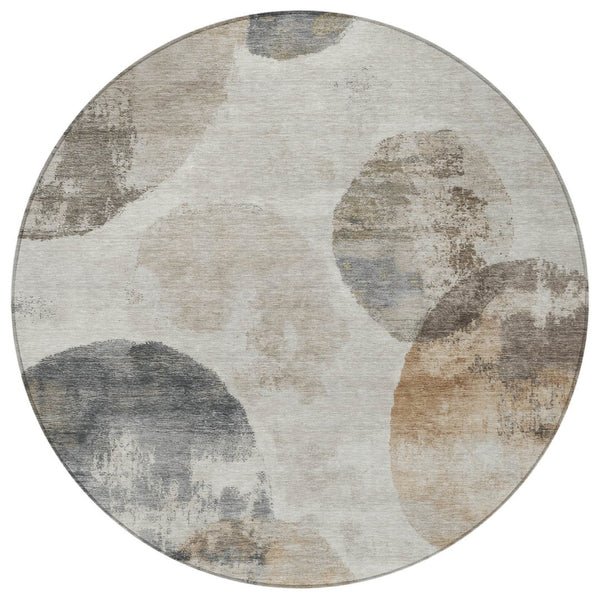 HomeRoots 8' Round Abstract Area Rug in Taupe, Ivory & Beige - Stylish, Washable, Indoor/Outdoor Durability! 660795