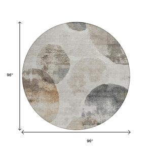 HomeRoots 8' Round Abstract Area Rug in Taupe, Ivory & Beige - Stylish, Washable, Indoor/Outdoor Durability! 660795
