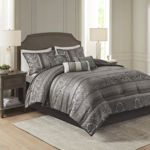 English Elm 7 Bellagio Jacquard Comforter Set Queen with Luxe Leaf, Ironwork Motifs, Pleated Embroidered Pillows & Bedskirt Grey 23.62 L x 18.5 W x 12.99 H B03597022