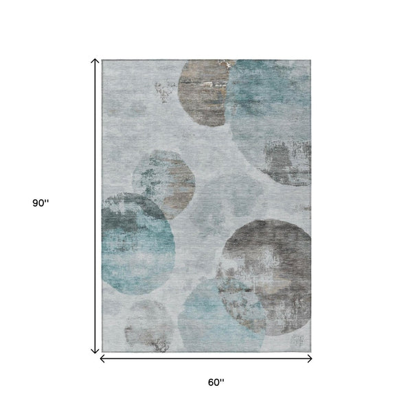HomeRoots 5' X 8' Teal Blue Ivory Taupe Washable Area Rug - Durable, Stylish for Indoor & Outdoor Spaces! 660800