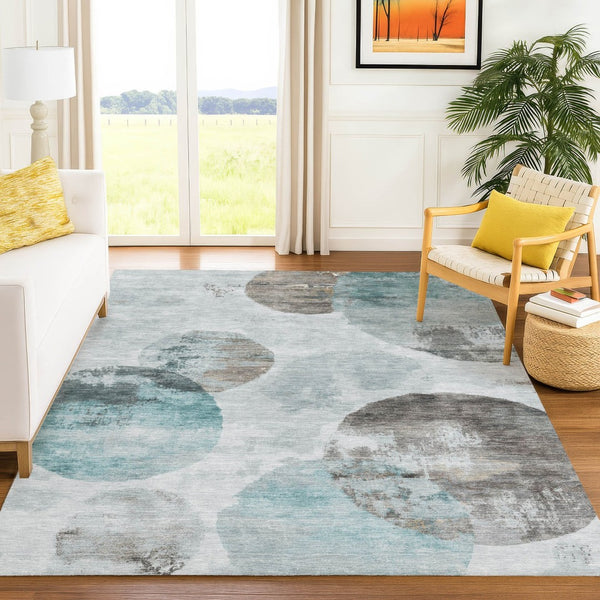 HomeRoots 5' X 8' Teal Blue Ivory Taupe Washable Area Rug - Durable, Stylish for Indoor & Outdoor Spaces! 660800