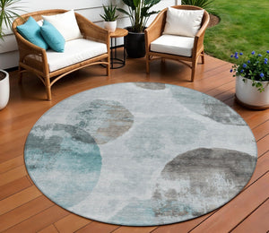 HomeRoots 8' Teal Blue Ivory Taupe Round Abstract Washable Area Rug for Indoor Outdoor Use, Durable & Stylish 660801