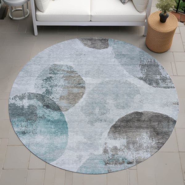 HomeRoots 8' Teal Blue Ivory Taupe Round Abstract Washable Area Rug for Indoor Outdoor Use, Durable & Stylish 660801