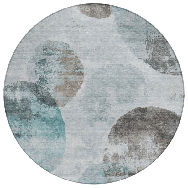 HomeRoots 8' Teal Blue Ivory Taupe Round Abstract Washable Area Rug for Indoor Outdoor Use, Durable & Stylish 660801