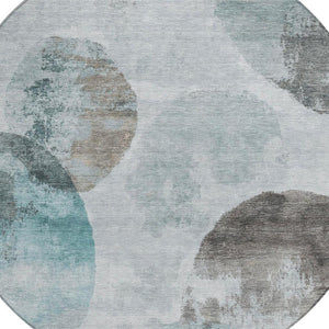 HomeRoots 8' Teal Blue Ivory Taupe Round Abstract Washable Area Rug for Indoor Outdoor Use, Durable & Stylish 660801
