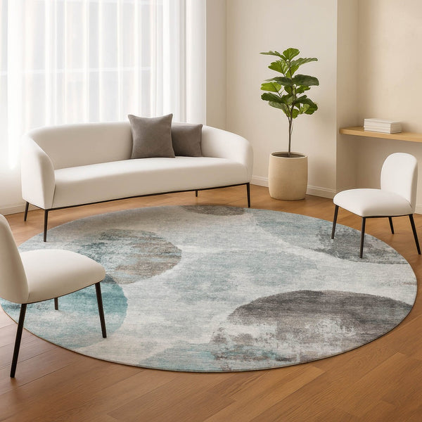 HomeRoots 8' Teal Blue Ivory Taupe Round Abstract Washable Area Rug for Indoor Outdoor Use, Durable & Stylish 660801