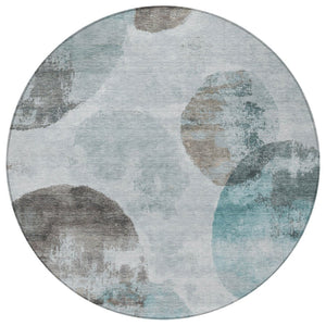 HomeRoots 8' Teal Blue Ivory Taupe Round Abstract Washable Area Rug for Indoor Outdoor Use, Durable & Stylish 660801