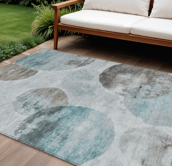 HomeRoots 8' X 10' Teal Blue Ivory Taupe Abstract Area Rug - Stylish, Washable, Indoor/Outdoor, Durable Design 660802