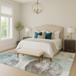 HomeRoots 9' X 12' Washable Teal Blue Ivory Taupe Abstract Area Rug - Durable, Stylish for Indoor & Outdoor Use 660803