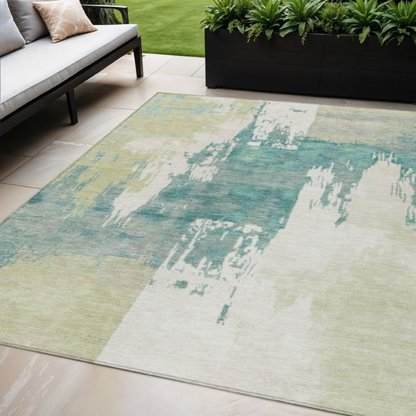 HomeRoots 5' X 8' Artichoke Green Ivory Aqua Abstract Rug - Durable, Washable, Stylish for Indoor & Outdoor Use 660806