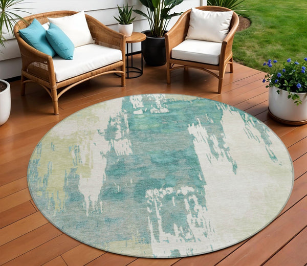 HomeRoots 8' Modern Artichoke Green and Aqua Round Abstract Washable Rug for Indoor/Outdoor Spaces 660807