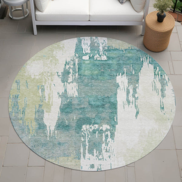 HomeRoots 8' Modern Artichoke Green and Aqua Round Abstract Washable Rug for Indoor/Outdoor Spaces 660807