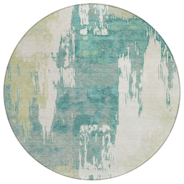 HomeRoots 8' Modern Artichoke Green and Aqua Round Abstract Washable Rug for Indoor/Outdoor Spaces 660807