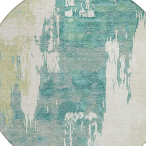 HomeRoots 8' Modern Artichoke Green and Aqua Round Abstract Washable Rug for Indoor/Outdoor Spaces 660807