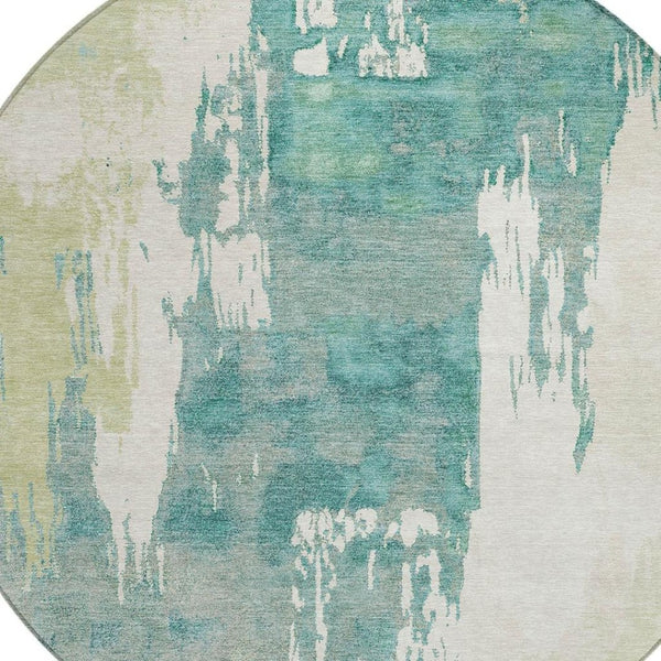 HomeRoots 8' Modern Artichoke Green and Aqua Round Abstract Washable Rug for Indoor/Outdoor Spaces 660807