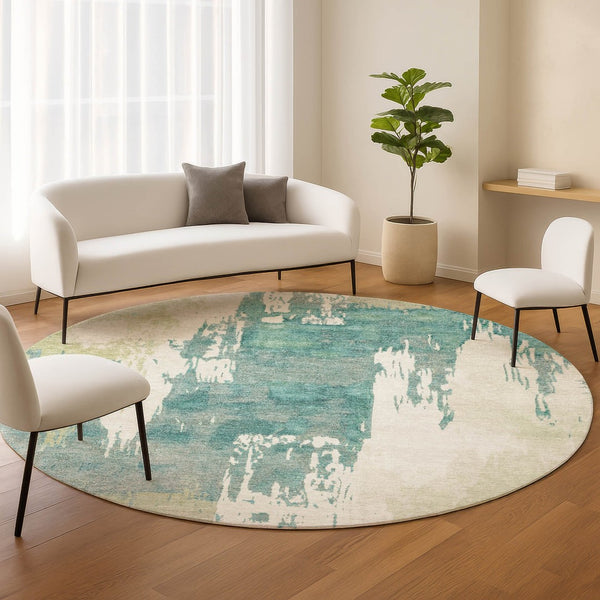 HomeRoots 8' Modern Artichoke Green and Aqua Round Abstract Washable Rug for Indoor/Outdoor Spaces 660807