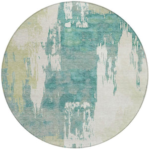 HomeRoots 8' Modern Artichoke Green and Aqua Round Abstract Washable Rug for Indoor/Outdoor Spaces 660807