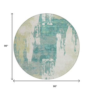 HomeRoots 8' Modern Artichoke Green and Aqua Round Abstract Washable Rug for Indoor/Outdoor Spaces 660807