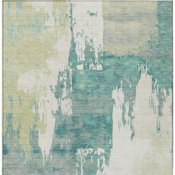 HomeRoots 10' Artichoke Green Ivory Aqua Abstract Washable Area Rug - Durable Indoor/Outdoor Design, Easy Care 660810