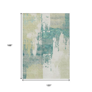 HomeRoots 10' Artichoke Green Ivory Aqua Abstract Washable Area Rug - Durable Indoor/Outdoor Design, Easy Care 660810