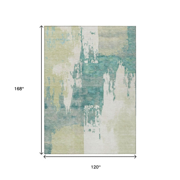 HomeRoots 10' Artichoke Green Ivory Aqua Abstract Washable Area Rug - Durable Indoor/Outdoor Design, Easy Care 660810