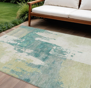 HomeRoots 10' Artichoke Green Ivory Aqua Abstract Washable Area Rug - Durable Indoor/Outdoor Design, Easy Care 660810