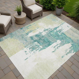 HomeRoots 10' Artichoke Green Ivory Aqua Abstract Washable Area Rug - Durable Indoor/Outdoor Design, Easy Care 660810