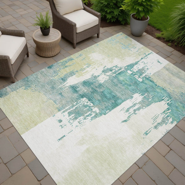HomeRoots 10' Artichoke Green Ivory Aqua Abstract Washable Area Rug - Durable Indoor/Outdoor Design, Easy Care 660810