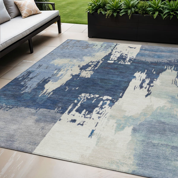 HomeRoots 5' X 8' Stylish Blue and Ivory Abstract Washable Area Rug for Indoor & Outdoor Use, Easy Care! 660812