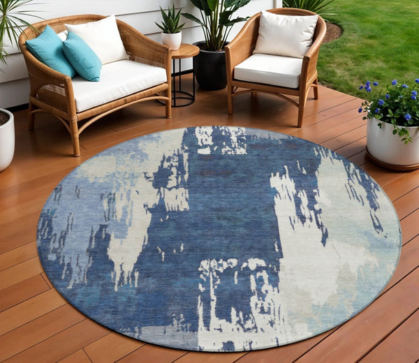 HomeRoots 8' Blue And Ivory Round Abstract Area Rug - Washable, Durable, Indoor/Outdoor Versatile Design! 660813