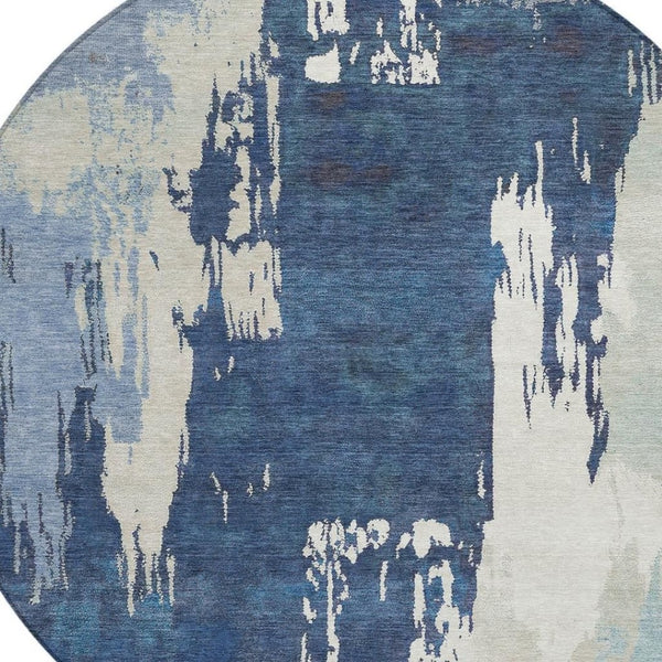 HomeRoots 8' Blue And Ivory Round Abstract Area Rug - Washable, Durable, Indoor/Outdoor Versatile Design! 660813