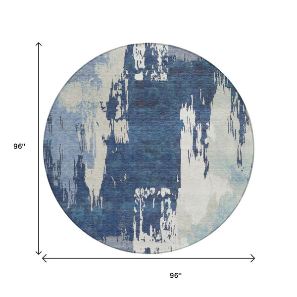 HomeRoots 8' Blue And Ivory Round Abstract Area Rug - Washable, Durable, Indoor/Outdoor Versatile Design! 660813