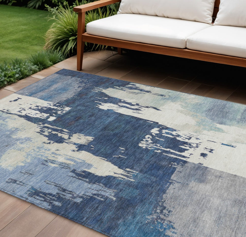 HomeRoots 10' Blue and Ivory Abstract Indoor Outdoor Area Rug – Washable, Durable, and Stylish for Any Space! 660816