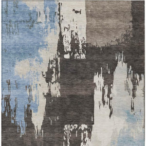 HomeRoots 5' Abstract Washable Area Rug in Brown, Ivory & Blue – Perfect for Indoor/Outdoor Spaces! 660818