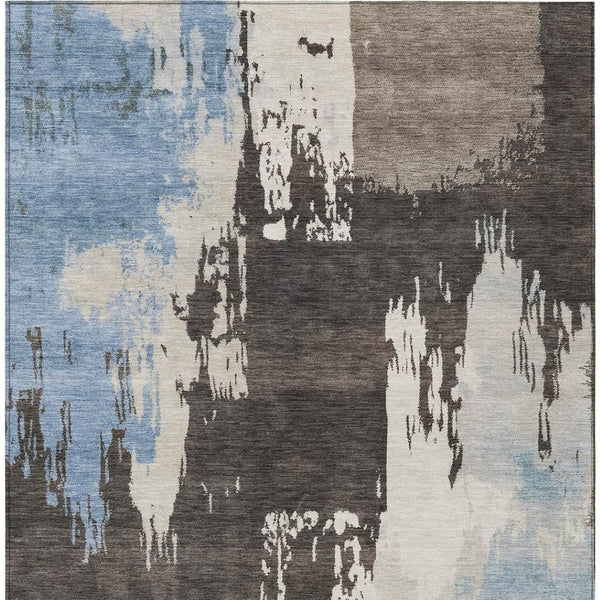 HomeRoots 5' Abstract Washable Area Rug in Brown, Ivory & Blue – Perfect for Indoor/Outdoor Spaces! 660818