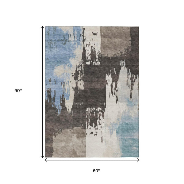 HomeRoots 5' Abstract Washable Area Rug in Brown, Ivory & Blue – Perfect for Indoor/Outdoor Spaces! 660818