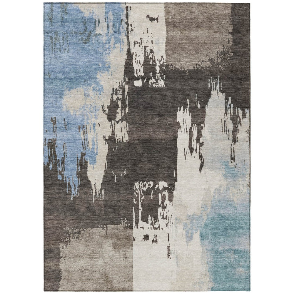 HomeRoots 5' Abstract Washable Area Rug in Brown, Ivory & Blue – Perfect for Indoor/Outdoor Spaces! 660818
