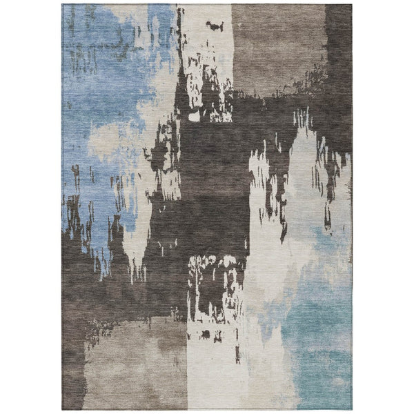 HomeRoots 5' Abstract Washable Area Rug in Brown, Ivory & Blue – Perfect for Indoor/Outdoor Spaces! 660818
