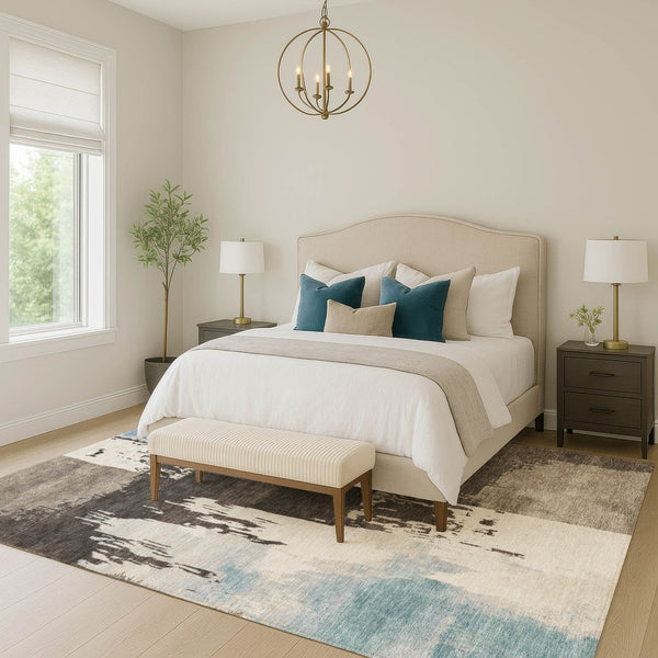 HomeRoots 5' Abstract Washable Area Rug in Brown, Ivory & Blue – Perfect for Indoor/Outdoor Spaces! 660818