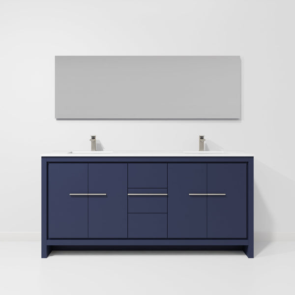 English Elm Navy Blue Double Bath Vanity Set With Cultured Marble Top, Gun Metal Faucet & 70-Inch Mirror B2731S01747