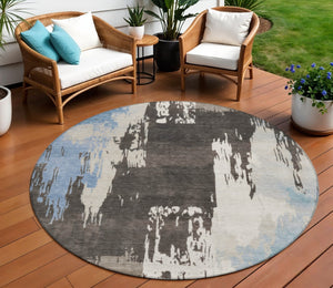 HomeRoots 8' Round Washable Area Rug in Brown, Ivory & Blue - Stylish Indoor/Outdoor Abstract Design, Durable & Easy-Care 660819