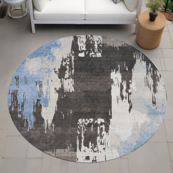 HomeRoots 8' Round Washable Area Rug in Brown, Ivory & Blue - Stylish Indoor/Outdoor Abstract Design, Durable & Easy-Care 660819