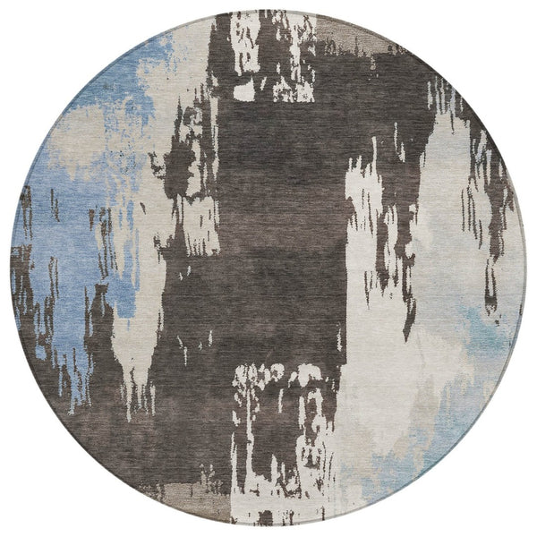 HomeRoots 8' Round Washable Area Rug in Brown, Ivory & Blue - Stylish Indoor/Outdoor Abstract Design, Durable & Easy-Care 660819