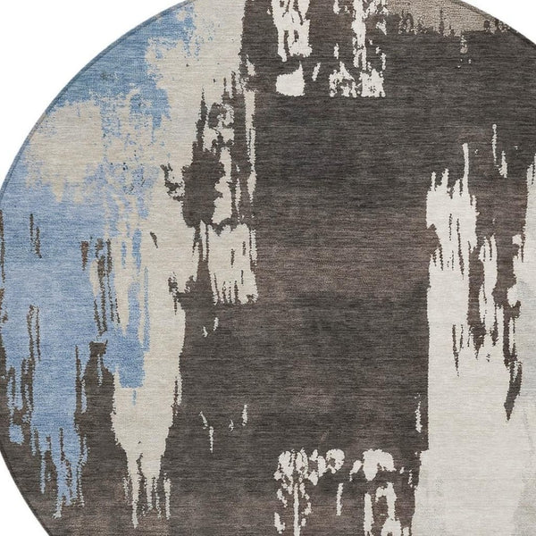 HomeRoots 8' Round Washable Area Rug in Brown, Ivory & Blue - Stylish Indoor/Outdoor Abstract Design, Durable & Easy-Care 660819