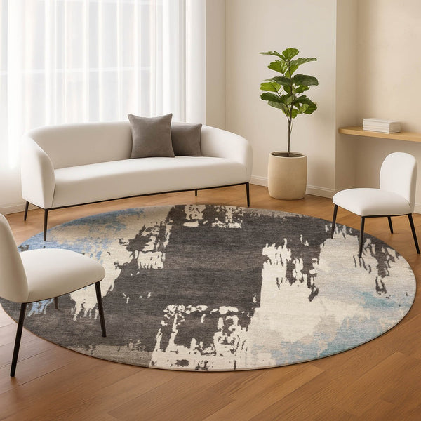 HomeRoots 8' Round Washable Area Rug in Brown, Ivory & Blue - Stylish Indoor/Outdoor Abstract Design, Durable & Easy-Care 660819
